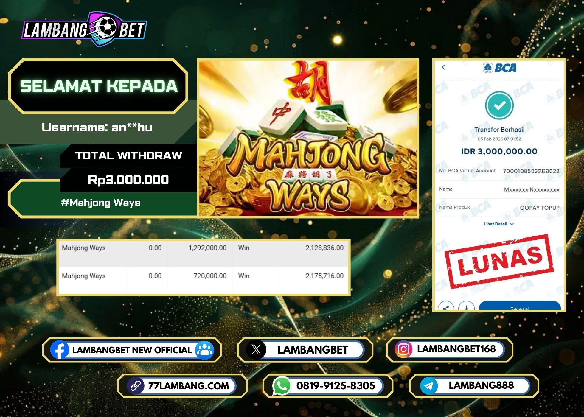LAMBANGBET [5 FEBRUARI 2026] JACKPOT SLOT Mahjong Ways "Rp3.000.000" LUNAS